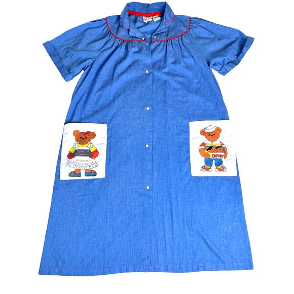 Vintage 80s Wrap Snap Housecoat Dress MuMu Blue Teddy Bear XL Loungewear - Picture 1 of 7